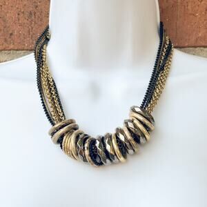 Chunky Mixed Metal Statement‎ Necklace – Gold & Gunmetal Rings, 18" Boho Bold